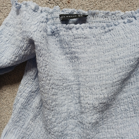 ZARA WOMAN Light Blue Smocked Bell Sleeve Blouse - Picture 2 of 5